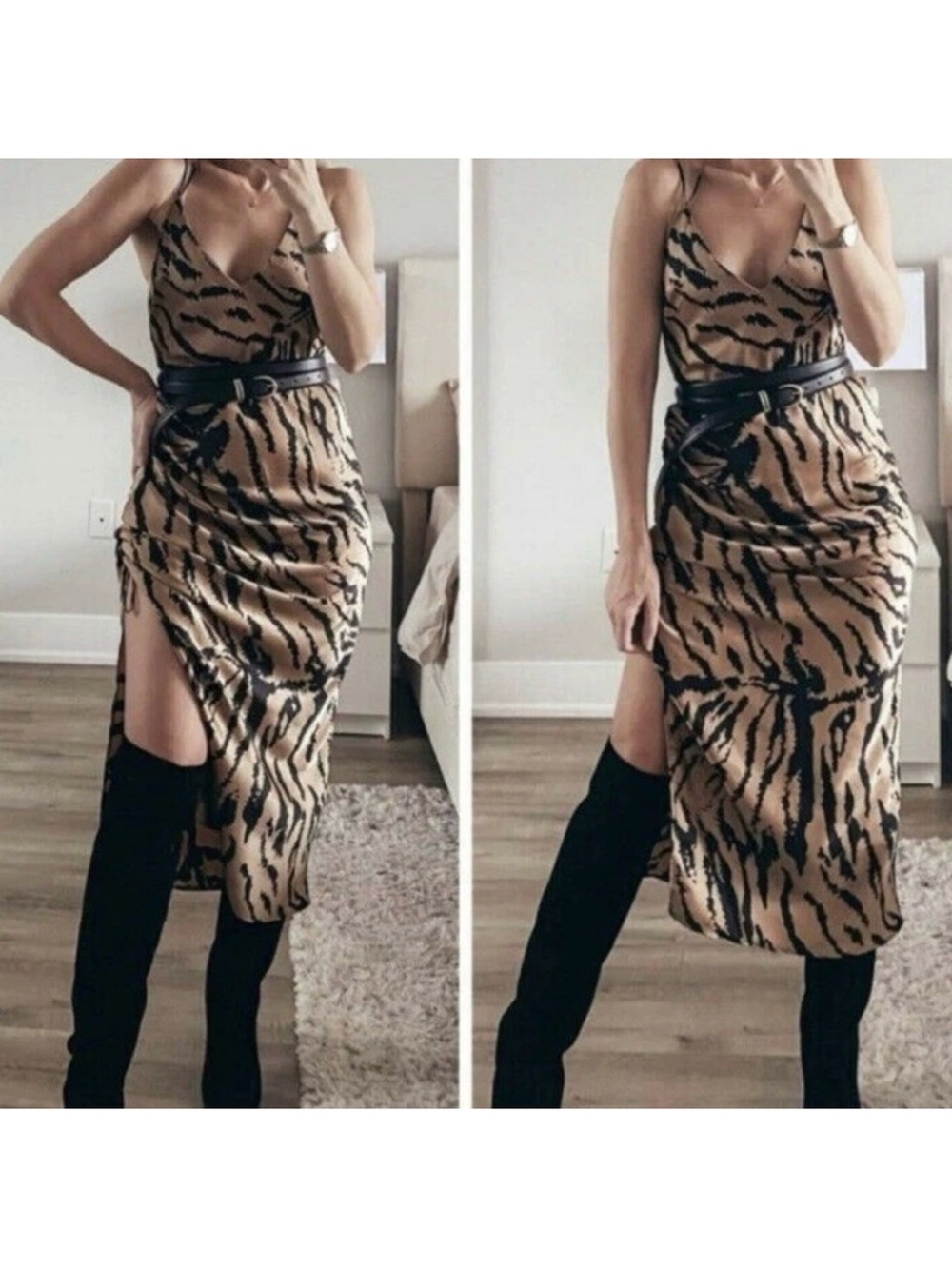 Zara Tan and Black Animal Print Slip Midi Dress